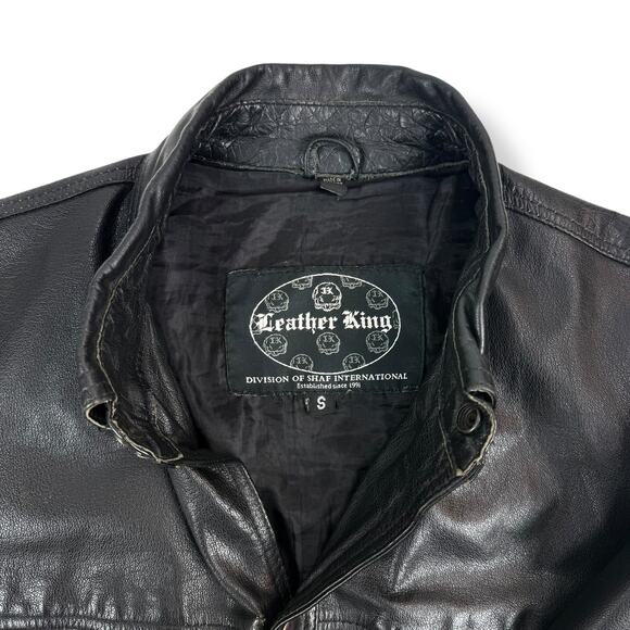 Vintage LEATHER KING Men's black genuine leather button down jacket shirt SMALL - Picture 5 of 15